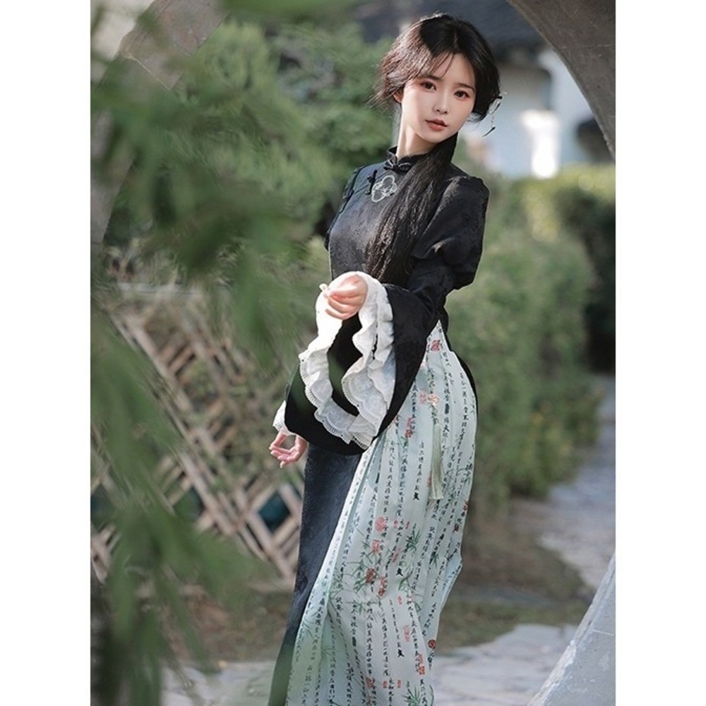 With Puji Chinese Style Black Jacquard Midi Dress Calligraphy Lace Bell Sleeve